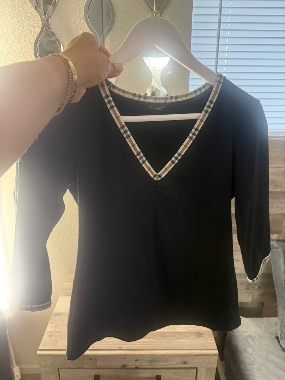 Burberry Black V-Neck Tunic with Beige Check Trim